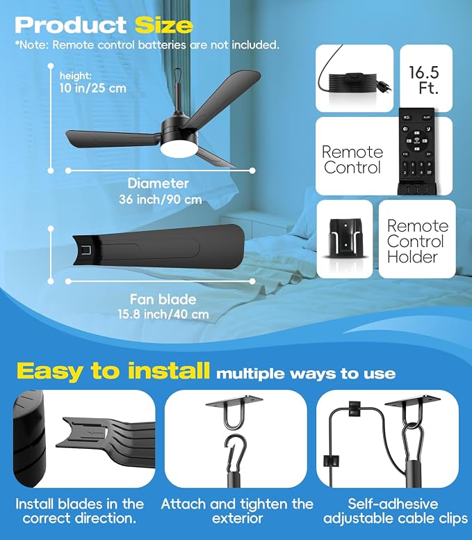 36 inch Plug-in Ceiling Fan Light with Remote Control,gazebo fan light,3 Blade, Dimmable 3CCT LED, Reversible,Portable Hook Design with16ft Cable for Bedroom Garage Tent Porch Kitchen