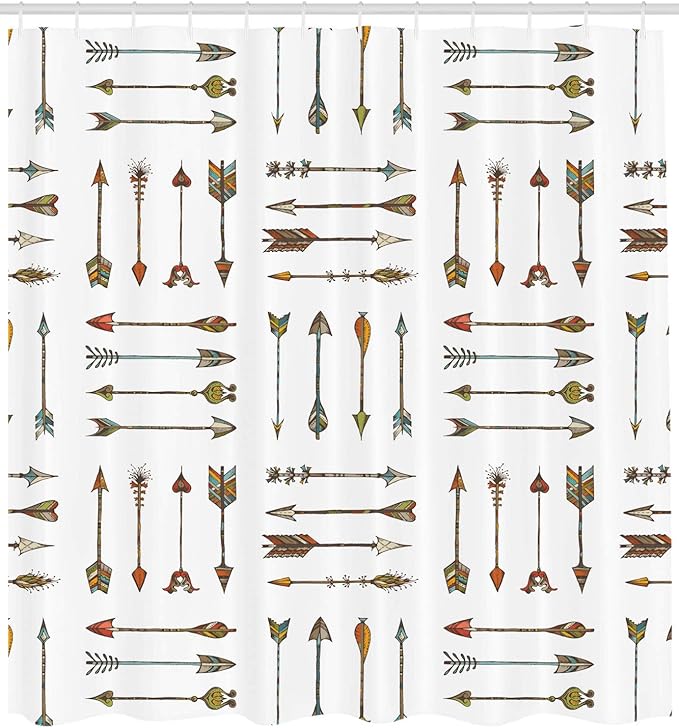Ambesonne Ethnic Shower Curtain, Vintage Style Colorful Symbols Cartoonish Design, Polyester Fabric Bathroom Shower Curtain Set with Hooks, 69" W x 70" L, Tan White