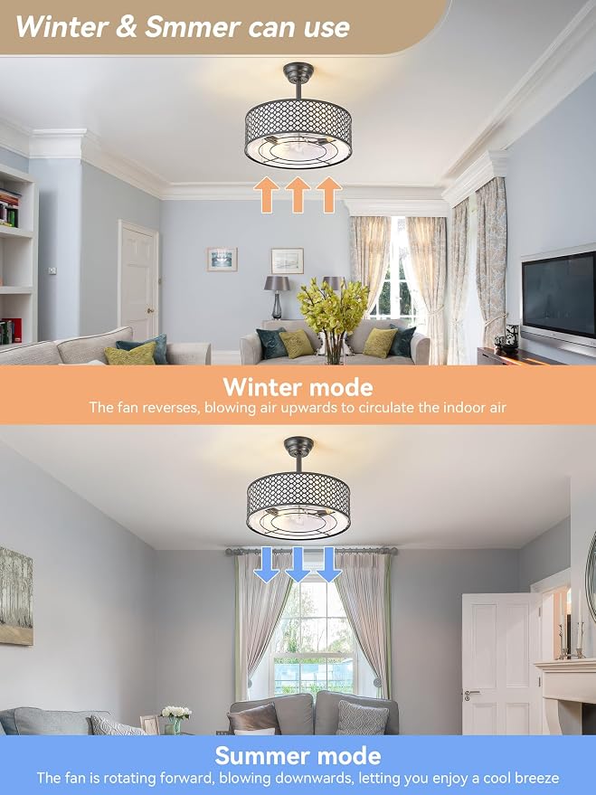 Black Fandelier Ceiling Fan with Light, 20" Caged Boho Ceiling Fans with Lights and Remote, Mid Century with 6 Speeds for Bedroom, Living Room, Nursery