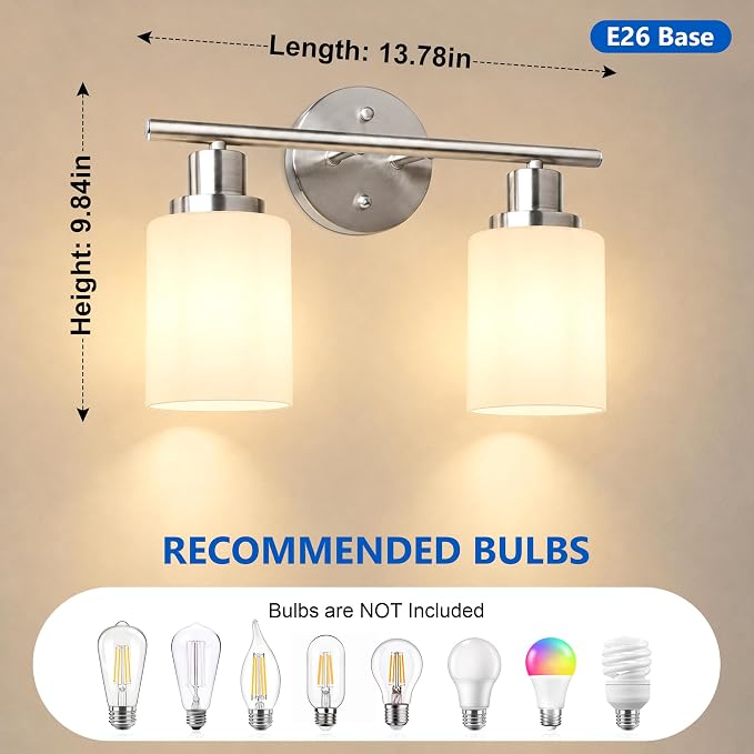 Unicozin 2 Light Bathroom Light Fixtures, Modern Vanity Lights with Milky White Glass Shade, Brushed Nickel Wall Lamp Over Mirror for Bathroom, Living Room, Cabinet, Bedroom, E26 Base