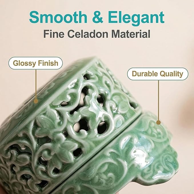 Mini Ceramic Incense Burner - Chinese Classic Plum Green Celadon Glaze, Fragrance Cone & Stick Holder Palo Santo/Sage/Herb Burner for Meditation, Yoga, Desk Decor, Zen Relaxation Gift (Cloud-A)