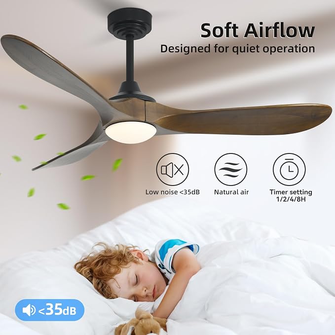 52” Outdoor Ceiling Fan with Light, Compatible with Alexa/Google, 3 Walnut Solid Wood Blade, Noiseless Reversible Dc Motor, Smart Outdoor Wood Ceiling Fan for Farmhouse Patios, Bronze