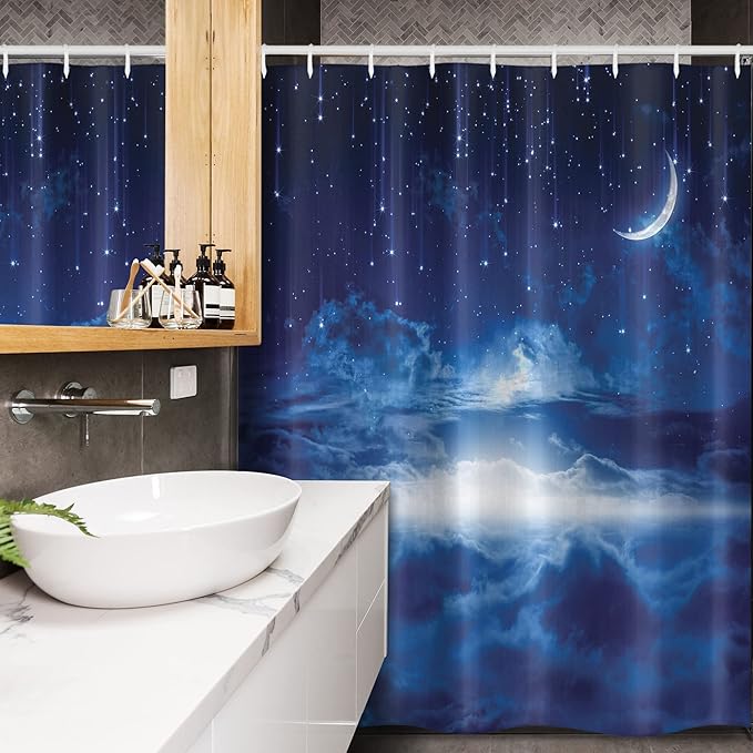Ambesonne Fantasy Stall Shower Curtain, Night Sky with Moon Falling Stars Clouds Horizon Mysterious Space Art, Fabric Bathroom Decor Set with Hooks, 54" W x 78" L, Navy Blue and White