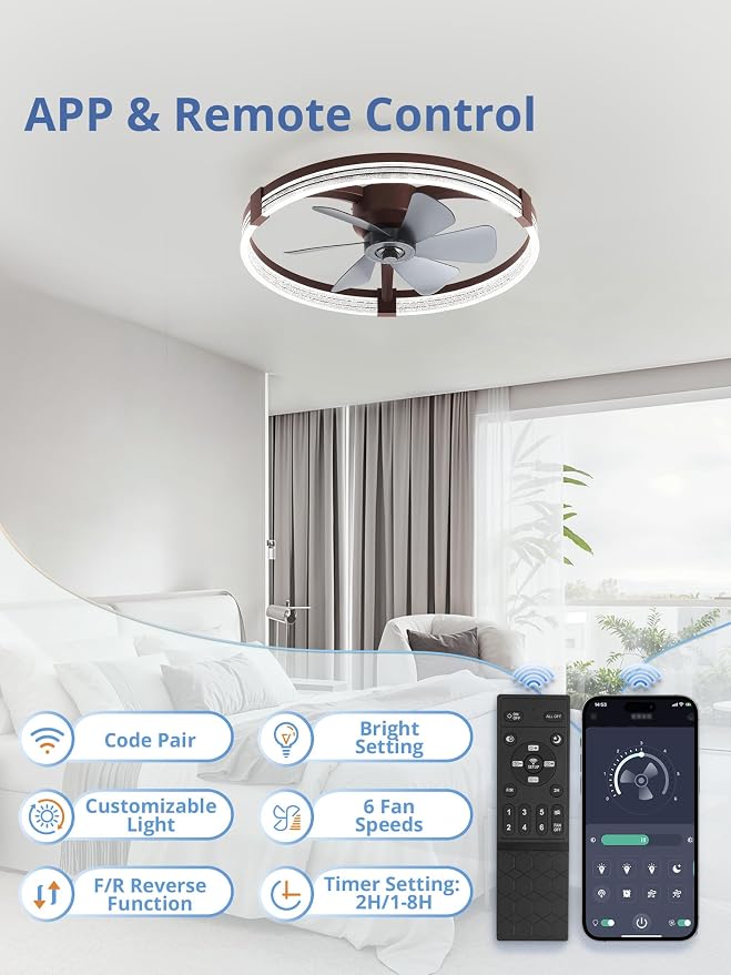 ZMISHIBO Low Profile Ceiling Fans with Lights, Flush Mount Modern Ceiling Fan and Remote Control, 23" LED Ceiling Fans, Stepless Dimmable 3 Colors and 6 Speeds (Brown, 23")