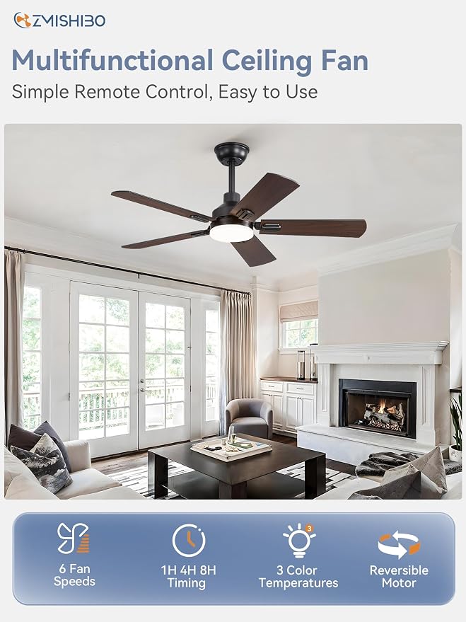ZMISHIBO 2 Pack 44" Ceiling Fans with Lights, Black Modern Ceiling Fan with Remote, Farmhouse Indoor Ceiling Fan with Dual Finish Blades, Quiet & Strong Motor, Bright LED Light.