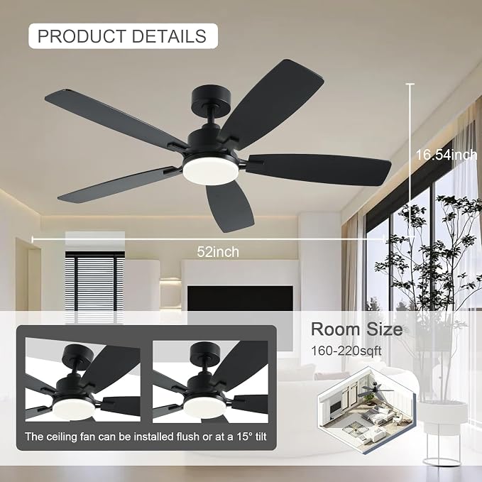 NKPU 52 Inch Ceiling Fans with Lights, Black Ceiling Fan and Remote/App Control, 2 Downrods, DC Reversible, Noiseless, Dimmable, 5 Dual-Sided Blades Modern Ceiling Fan for Indoor/Outdoor Use