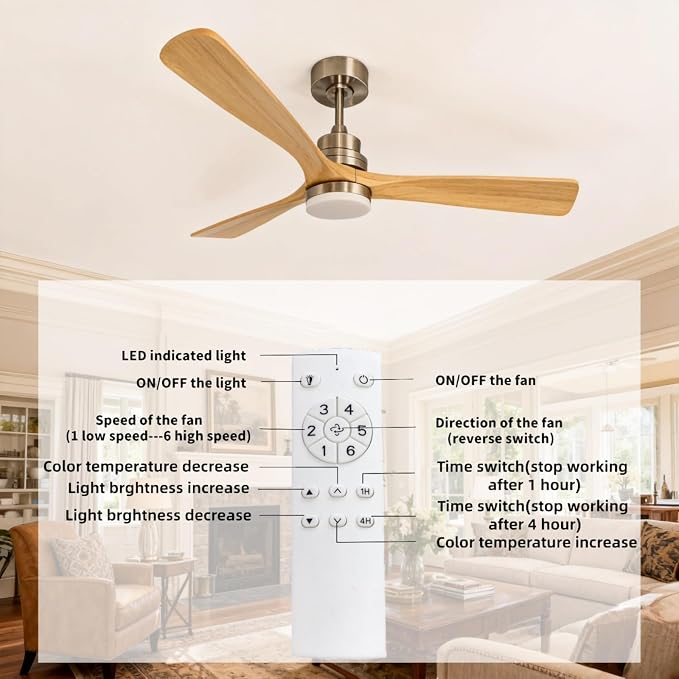52-inch Wooden Ceiling Fan With Light,With Remote Control, 3 Solid Wood Fan Blades,Suitable for indoor areas, Living rooms, Dining rooms, Bedrooms,Terraces, and Porches.Brushed Nickel+Natural Wood