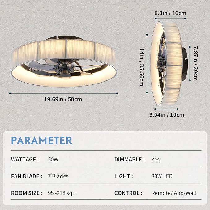 20" Flush Mount Caged Ceiling Fan with Lights, Low Profile Fandelier with Remote/App Control, 6 Speeds Dimmable LED Ceiling Fan, Fabric Farmhouse Style for Bedroom Kitchen Living Room