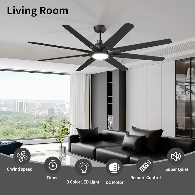 62 Inch Ceiling Fan with Light and Remote Control, Black | 6-Speed Quiet Reversible DC Motor, 3CCT Dimmable 24W LED Light,8 Wood Blades,Used for Living Room, Office,Covered Patio