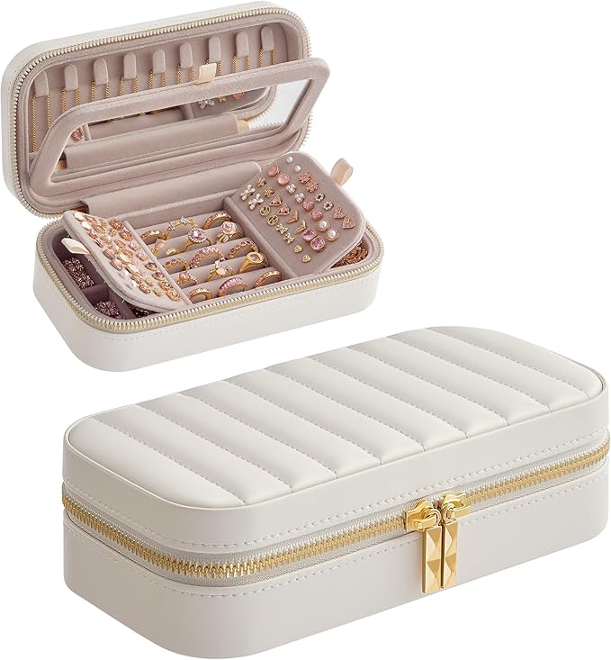 SONGMICS HOME Travel Jewelry Case with Mirror, Stitching, Portable | Jewelry box organizer, 4.1 x 8 x 2.4 Inches, Gift Idea, Cloud White, UJBC180W01