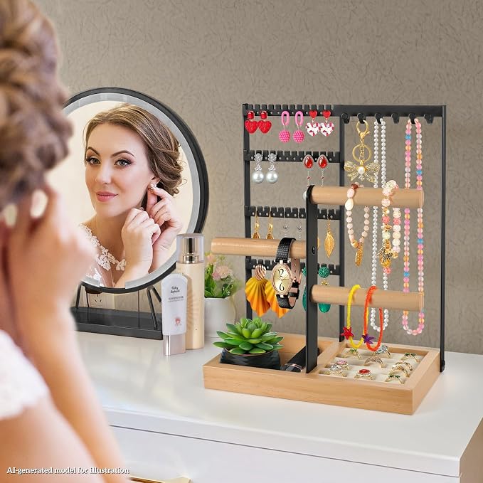 Godboat Jewelry Stand - 48 Holes Earring Holder, 4-Tier Necklace Organizer | 6 Hooks Jewelry Organizers and Storage, Bracelet Ring Rack with Wood Box, Preppy Gift Room Decor for Teen Girls Women, Black