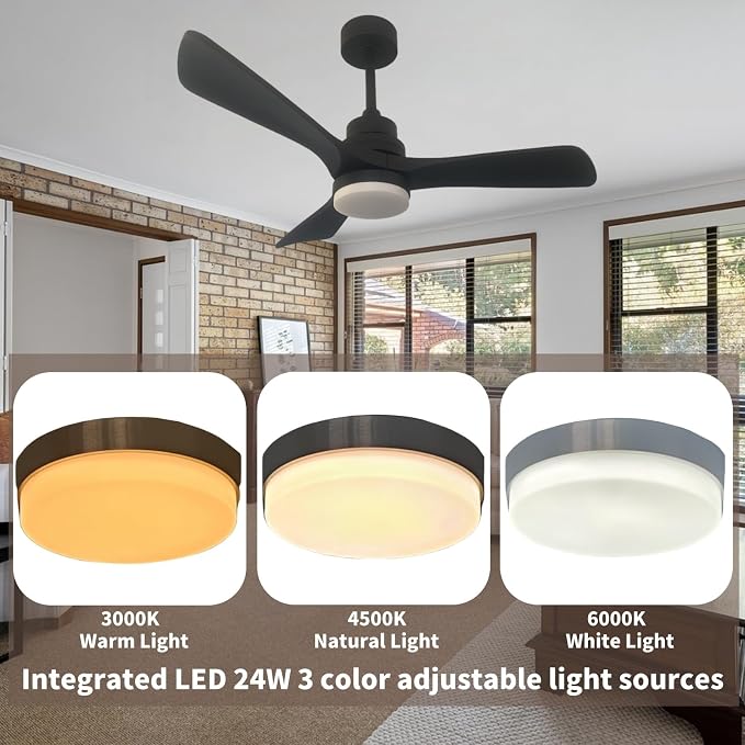 42-inch solid wood ceiling fan with light, black propeller ceiling fan, silent DC motor, suitable for bedrooms, living rooms, dining rooms, porches, indoor and outdoor use(Black, 42 inch)