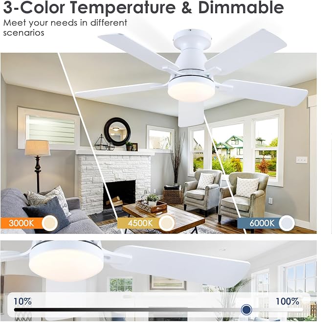 46 Inch Ceiling Fans with Lights and Remote, Flush Mount, White | Low Profile, Dimmable LED, Reversible, Quiet DC Motor, Wooden Blades, for Modern Apartment Bedroom Home Office Living Room