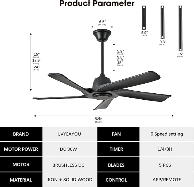 52“ DC Ceiling Fan No Light, 5 Solid Wood Fan Blades, Remote and APP Control, 6-speed Reversible, Quiet Ceiling Fan without Lights for Bedroom, Living Room, Office, Black