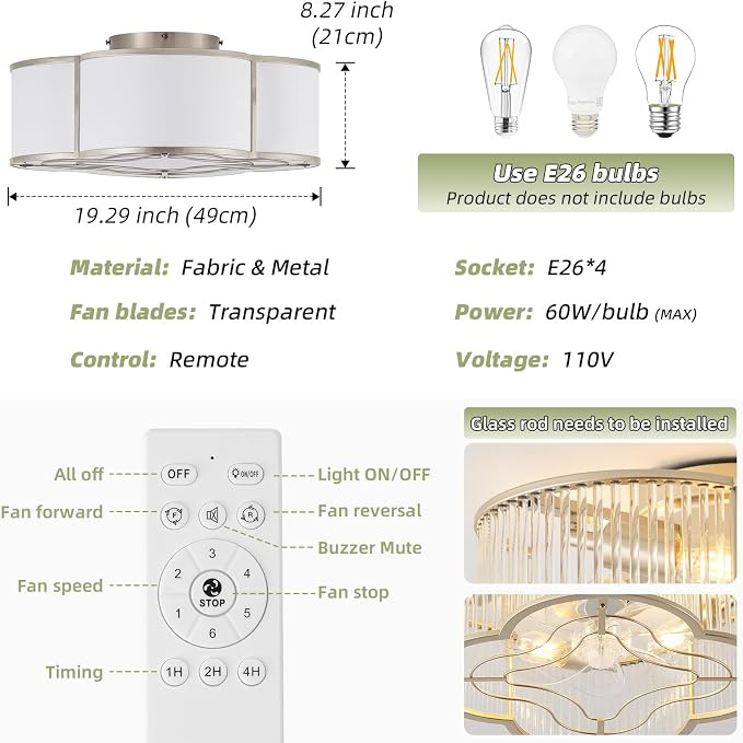 20" Boho Ceiling Fan with Light, Flush Mount Ceiling Fan with Light Remote Control, Enclosed with 6 Speeds for Bedroom, Living Room, Foyer, Nursery