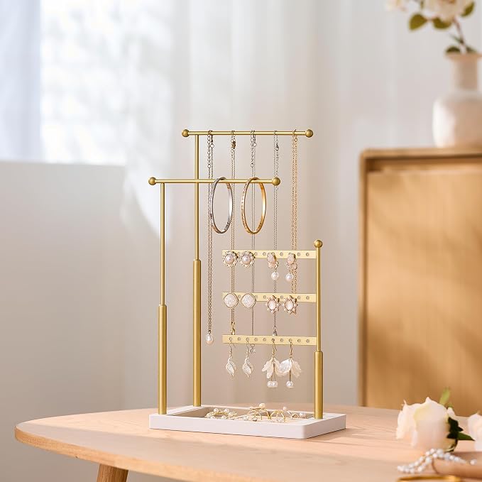 pickpiff Jewelry Organizer Holder Stand: 3 Tier Jewelry Storage Display for Necklace, Bracelet, Earring, Ring, White & Gold