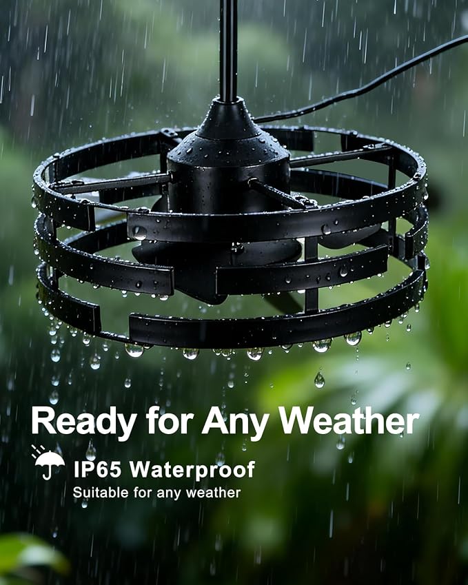Roomratv 20" Outdoor Ceiling Fan with Light, Black Caged Ceiling Fan with Remote,Modern Enclosed Hanging Fan,IP65 Waterproof Plug in Fan for Gazebos, Patios and Porches