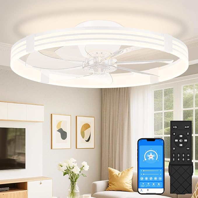 VOLISUN Low Profile Ceiling Fans with Lights and Remote, 24in Flush Mount Ceiling Fan with Light, 3000K-6500K Dimmable Fandelier LED Fan Light, White Bladeless Ceiling Fans with Lights for Bedroom