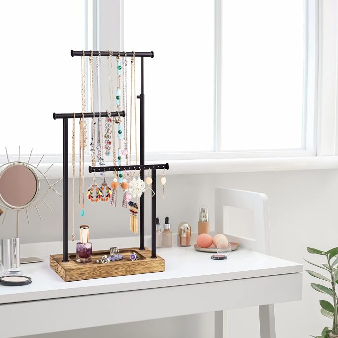 SRIWATANA Carbonized Black Jewelry Organizer Stand, Tall Necklace Holder | 3-Tier 360° Rotating Tall Jewelry Tree with Adjustable Height for Necklaces, Earrings, Bracelets, and Ring Tray