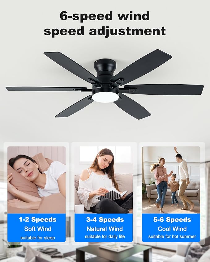 Coolwind 52'" Low Profile Ceiling fan with light, 6 Double-Side blades and APP/Display Remote, 6 Speed Reversible DC Motor, 3CCT Dimmable LED flush mount ceiling fan for Bedroom Living Room, Black