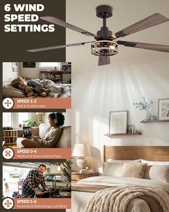52 Inch Ceiling Fans with Lights and Remote, Farmhouse Caged Flush Mount Ceiling Fan with 6 Speeds Bladeless for Living Room Bedroomm, E12 Base, Quiet and Reversible DC Motor, Walnut