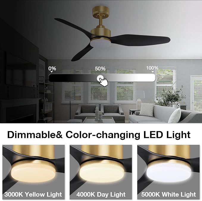 Hoenofly 48 Inch Smart Ceiling Fans with LED Lights Remote,Quiet DC Motor,Dimmable,Outdoor Indoor Gold Black Ceiling Fan Controlled by WIFI Alexa App,for Modern Bedroom Living Room Patio Porch