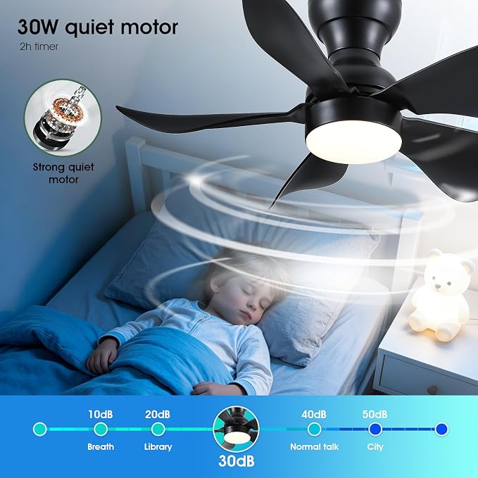 Kviflon 30 Inch Ceiling Fans with Lights Remote Control, Low Profile Small Ceiling Fans with 5 Reversible Propeller Blades, 3 Colors Dimmable LED Lights, 6 Speeds for Bedroom Kids Room Kitchen, Black