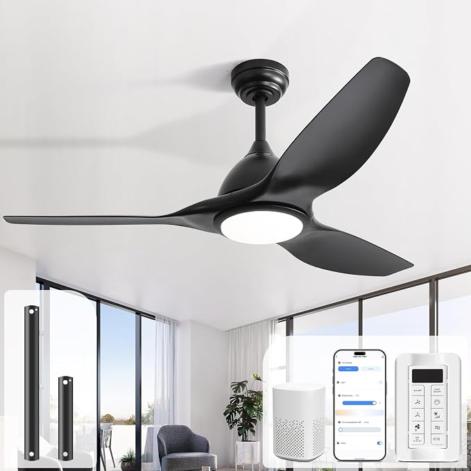 Sofucor 52 Inch Smart Ceiling Fan with Light, Modern Ceiling Fan with 3 Plastic Blade, Quiet, Dimmable, Compatible with Alexa/Google/App, 6 Speeds 7000CFM, Timer Quiet Reversible DC Motor, Black