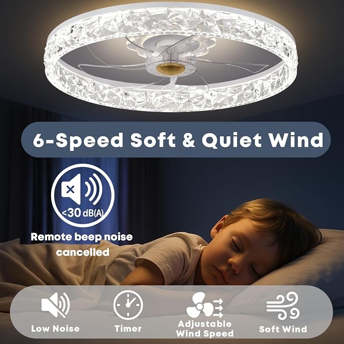 FSZDORJ 20'' Ceiling Fan with Light and Remote, Low Profile Ceiling Fan with Light, Dimmable Flush Mount Ceiling Fan Light, 6 Speeds Fan, App&Remote Control, Fandelier Quiet Fan for Bedroom F098 White