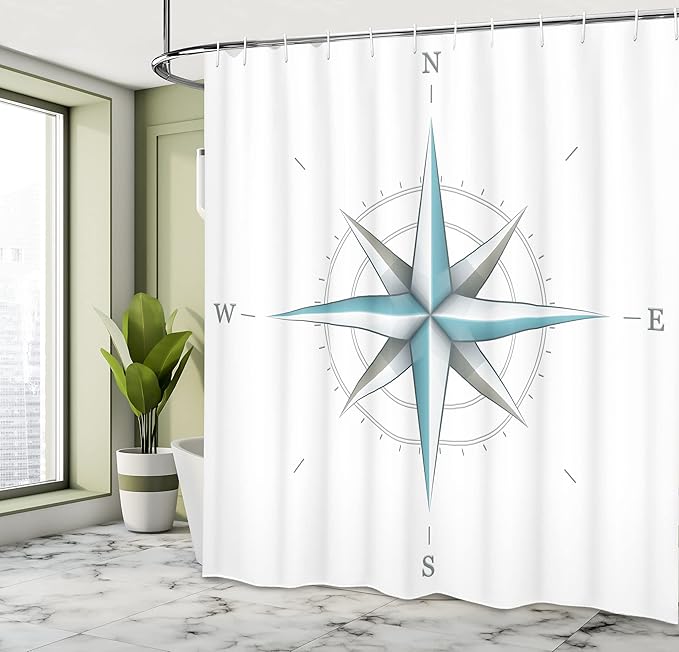 Ambesonne Compass Shower Curtain, Antique Wind Rose Diagram for Cardinal Directions Axis of Earth Illustration, Cloth Fabric Bathroom Decor Set with Hooks, 69" W x 70" L, Teal Dimgray