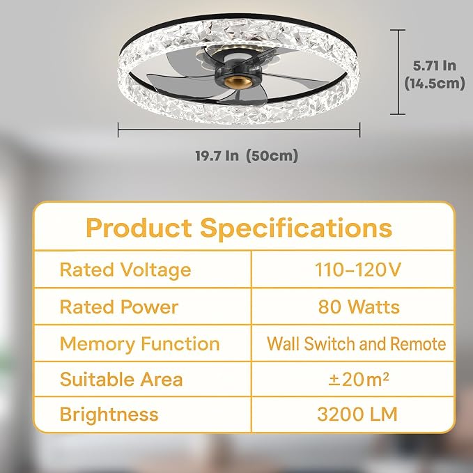 FSZDORJ 20'' Ceiling Fan with Light and Remote, Low Profile Ceiling Fan with Light, Dimmable Flush Mount Ceiling Fan Light, 6 Speeds Fan, App&Remote Control, Fandelier Quiet Fan for Bedroom F098 Black