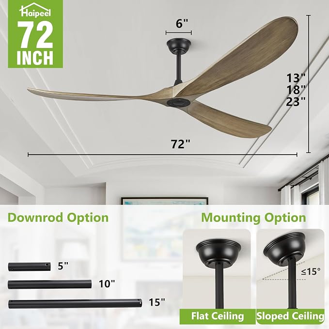 Haipeel 72 Inch Ceiling Fans without Lights, 72" Wood Large Ceiling Fan no Light with Remote Control, Indoor Outdoor Ceiling Fan no Light Propeller for Patios Farmhouse Garage High cfm, Bronze Gray