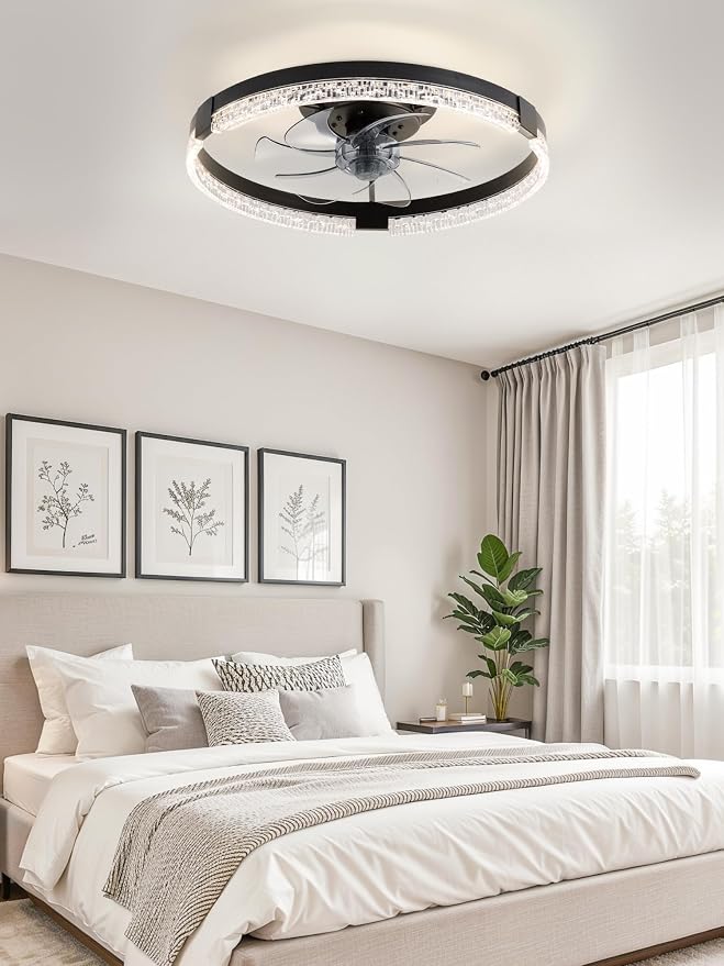 LEDIARY Ceiling Fans with Lights, Low Profile Flush Mount Ceiling Fan, Dimmable LED, APP & Remote Control, Quiet Reversible DC Motor, 6 Speeds, Fandelier for Bedroom (Black, 19.7 inch)