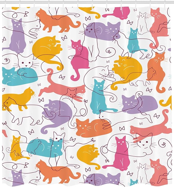 Ambesonne Cat Shower Curtain, Colorful Cats Jumping Playing Sitting Relaxing Feline Joyful Modern Line Art, Cloth Fabric Bathroom Decor Set with Hooks, 69" W x 70" L, Mustard Purple