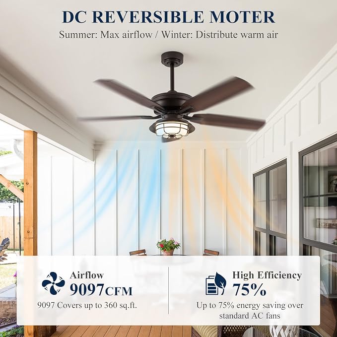 NORFOLK Outdoor Ceiling Fans with Lights and Remote, Waterproof 52 Inch Ceiling Fan with 3 Color LED Light for Patios, Gazebos, and Indoor, Wet Rated Farmhouse Modern Style