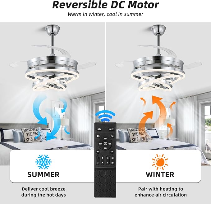 42 Inch Retractable Ceiling Fan, Modern Chandelier Ceiling Fan with Light,DC Motor, Dimmable,3 Color, 6 Wind Speed for Bedroom, Living Room and Dining Room, Silver