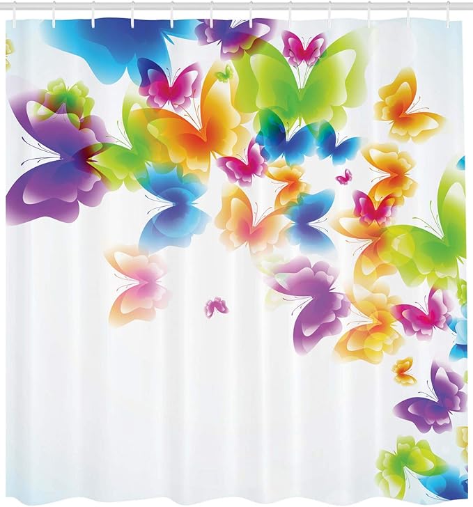 Ambesonne Butterfly Shower Curtain, Group of Butterflies Band in Radiant Rainbow Colors Hope Summer Garden Art Print, Cloth Fabric Bathroom Decor Set with Hooks, 69" W x 75" L, Green Yellow