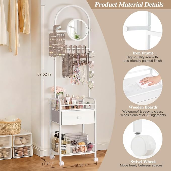 Keebofly Floor Jewelry Organizer with Adjustable Mirror & Drawer | 67.5" Tall Mobile Jewelry Tower with 6 Acrylic Pegboards, Large Drawer & Wheels, Perfect Floor Organizer for Women