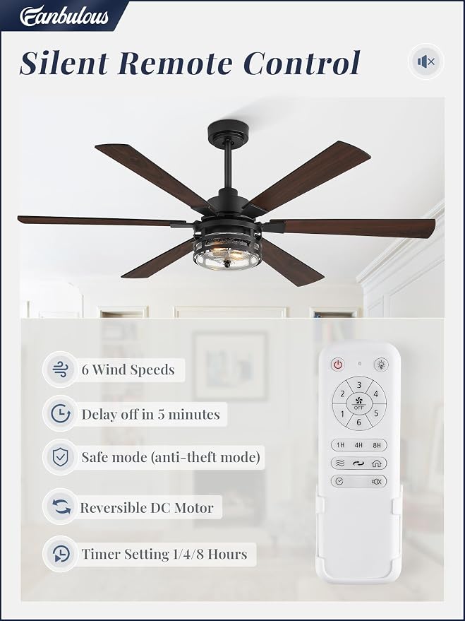 Fanbulous 56 Inch Large Farmhouse Ceiling Fan with Light & Remote,Black | Powerful 6-Speed Reversible DC Motor, Industrial 6 Dual Finish Blades, Ideal for Living Room, Bedroom, Patio, Garage