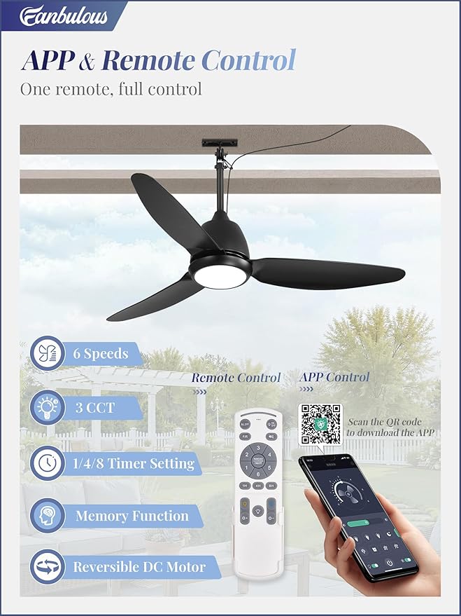 Fanbulous 42" Outdoor Ceiling Fan with Light, IP65 Waterproof Wet Rated, Plug in Gazebo Fan with 10FT Cord, Smart APP & Remote, 6-Speed Reversible DC Motor, 3CCT Dimmable LED for Patio Porch (Black)