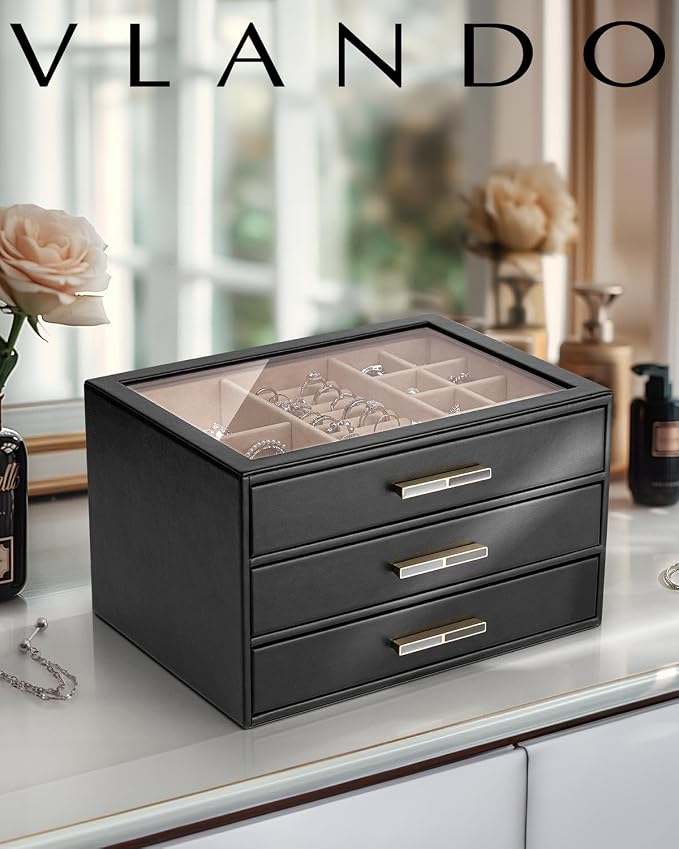 VLANDO Jewelry Box for Women, 3-Layer Jewelry Organizer with Drawers, Glass Lid Display Jewelry Storage, Soft PU Leather Exterior, Contrast Gold Metal Handles, Refined Style - Black