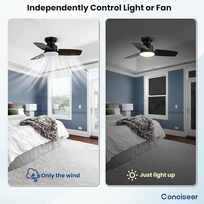 30 Inch Ceiling Fans with Lights and Remote, Bedroom Living Room Office, Flush Mount, 6CCT Dimmable, Dual Color 3 Blades 6 Speed Reversible Quiet DC Motor, Black/Wood Grain