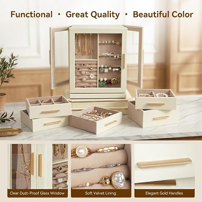 GUOER Jewelry Box for Women, 360° Rotating Jewelry Organizer, Beige | 5 Drawers & Glass Display, Large Storage Case for Necklaces/Earrings/Rings, PU Leather, 8.7x6.9x11.2 in