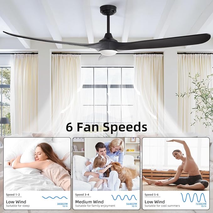 Ceiling Fan with Lights, 72'' Solid Wood Indoor/Outdoor Ceiling Fan with Quiet Reversible DC Motor, Compatible with Alexa/Google/App, 3CCT Dimmable, 6 Speeds Black Outdoor Fan for Patio Porch