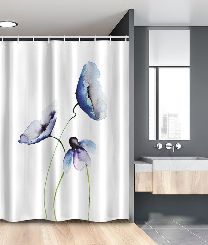 Ambesonne Watercolor Flower Stall Shower Curtain, Abstract Poppies Blossoms Simple Composition Picture, Fabric Bathroom Decor Set with Hooks, 54" W x 78" L, Blue and Green