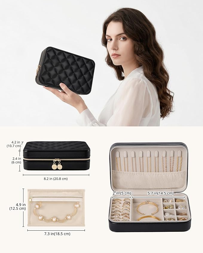 Lolalet Travel Jewelry Case for Women Girls, PU Leather Jewelry Organizer with Clear Storage Bag Small Portable Jewelry Box for Necklace Bracelet Earring Ring Birthday Bridesmaid Gifts -Large/Black