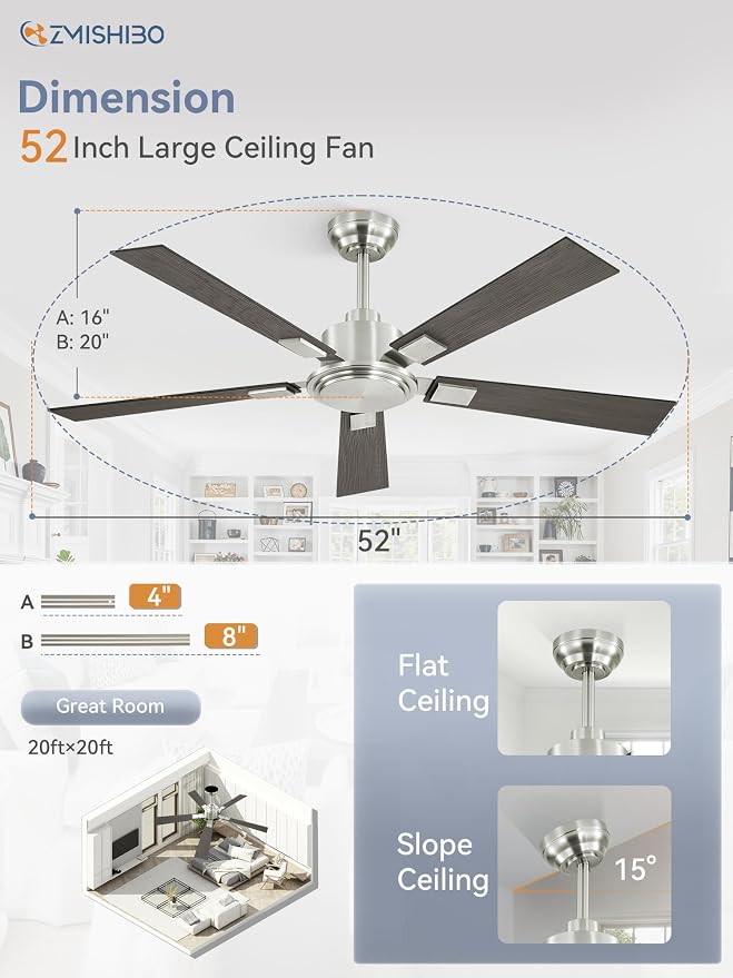 ZMISHIBO 52 Inch Ceiling Fan No Light with Remote Modern Nickel Ceiling Fan with Quiet Reversible DC Motor, 6-Speeds 5 Blades, Indoor/Outdoor Ceiling Fans Without Light for Patios, Living Room, Garage