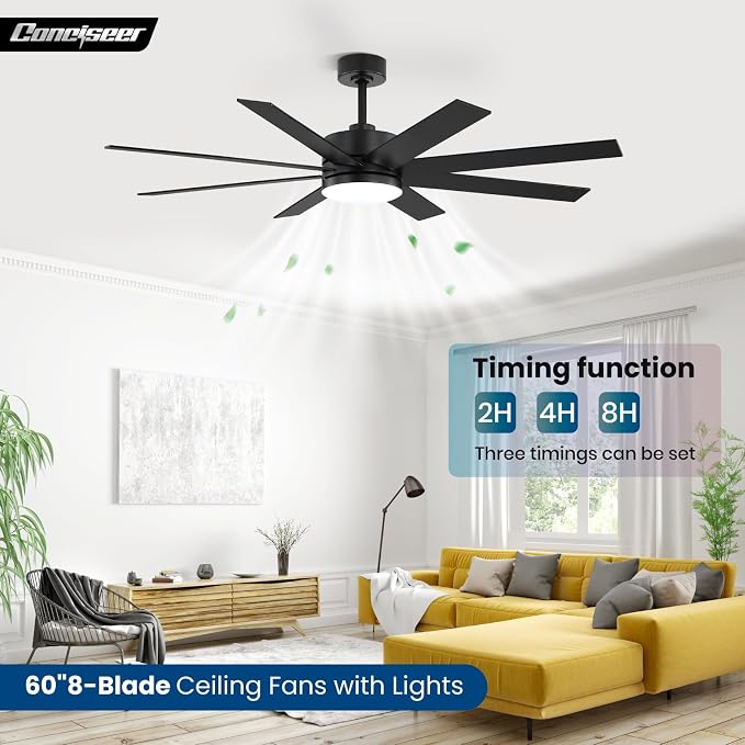 60 Inch Ceiling Fans with Lights and Remote, Dual Color 6 Blades, Bedroom Living Room Office Library Cafe Outdoor Industrial, 3CCT Dimmable, 6 Speed Reversible Quiet DC Motor, Black/Wood Grain