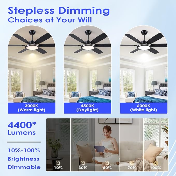Hounber 52 Inch Ceiling Fans with Lights and Remote, Black Ceiling Fan with 6 Blades Dual Finish, 3CCT, Dimmable, Quiet DC Reversible Motor, Ceiling Fan Modern for Bedroom, Patio, Living Room