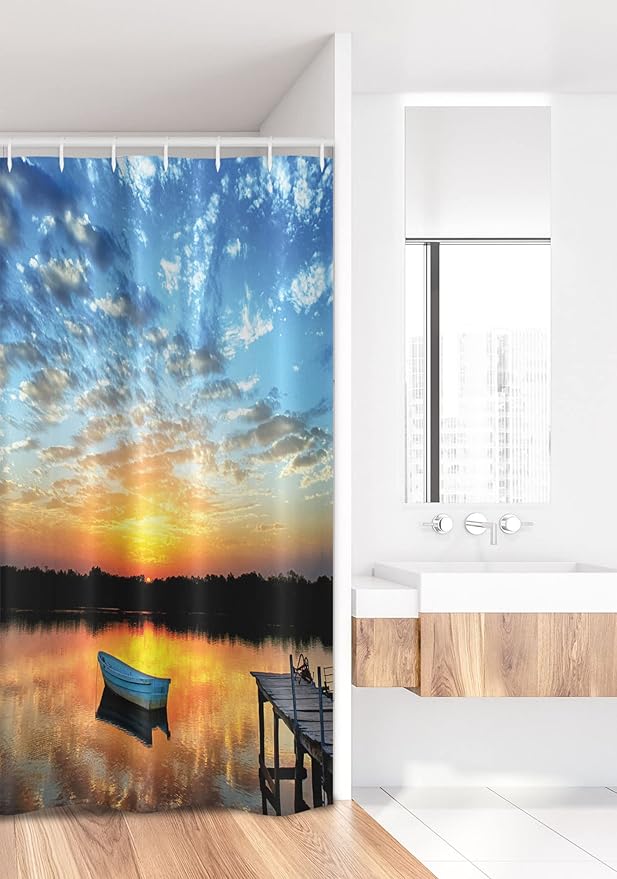 Ambesonne Nautical Stall Shower Curtain, Little Fishing Boat on Pond Tranquil Sunrise Water Reflection Picture, Fabric Bathroom Decor Set with Hooks, 36" W x 72" L, Sky Blue Yellow Black